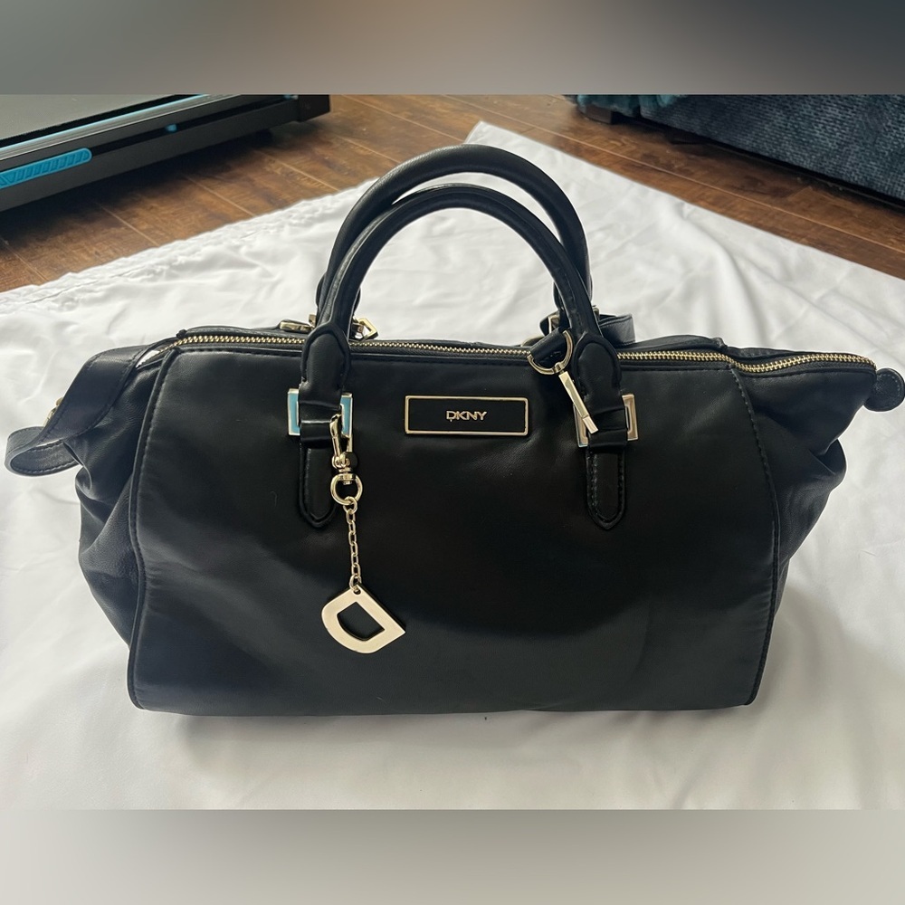 DKNY Black Leather Satchel Crossbody Bag Gold Hardware Soft Leather